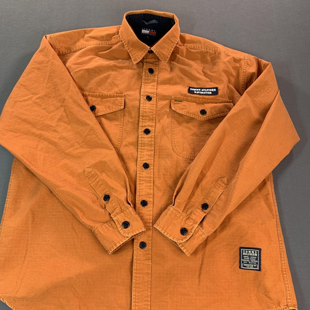 Tommy Hilfiger Shirt Mens Medium Orange Navigator Naval Military Long Sleeve - Picture 6 of 16